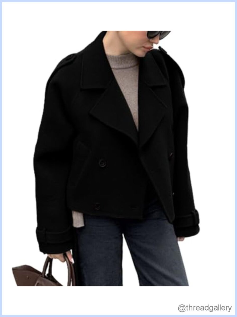 Wool Blend Cropped Pea Coat Lapel Collar Double Breasted Office Work Jacket